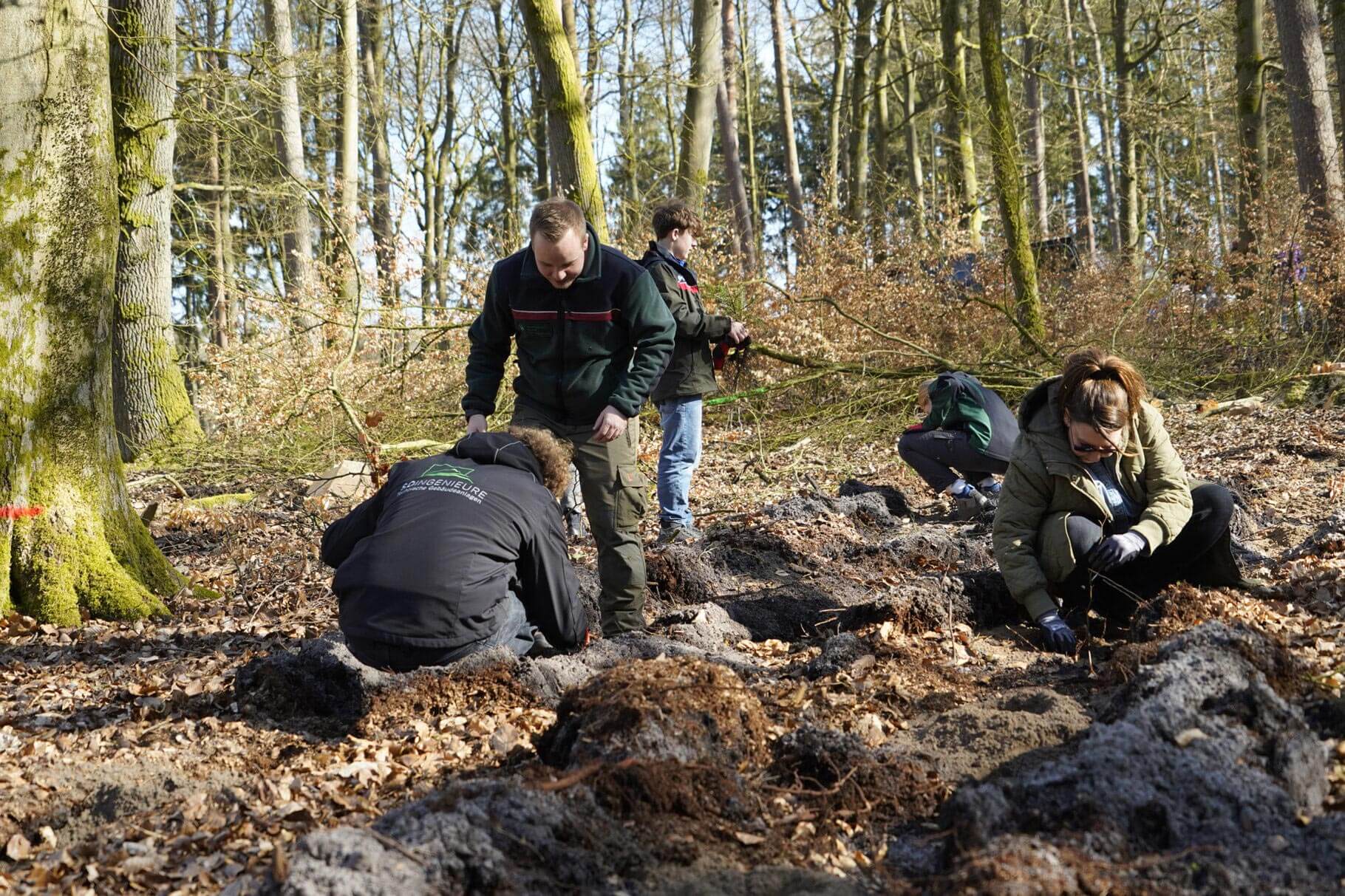 5 Menschen im Wald beim Baumpflanzen